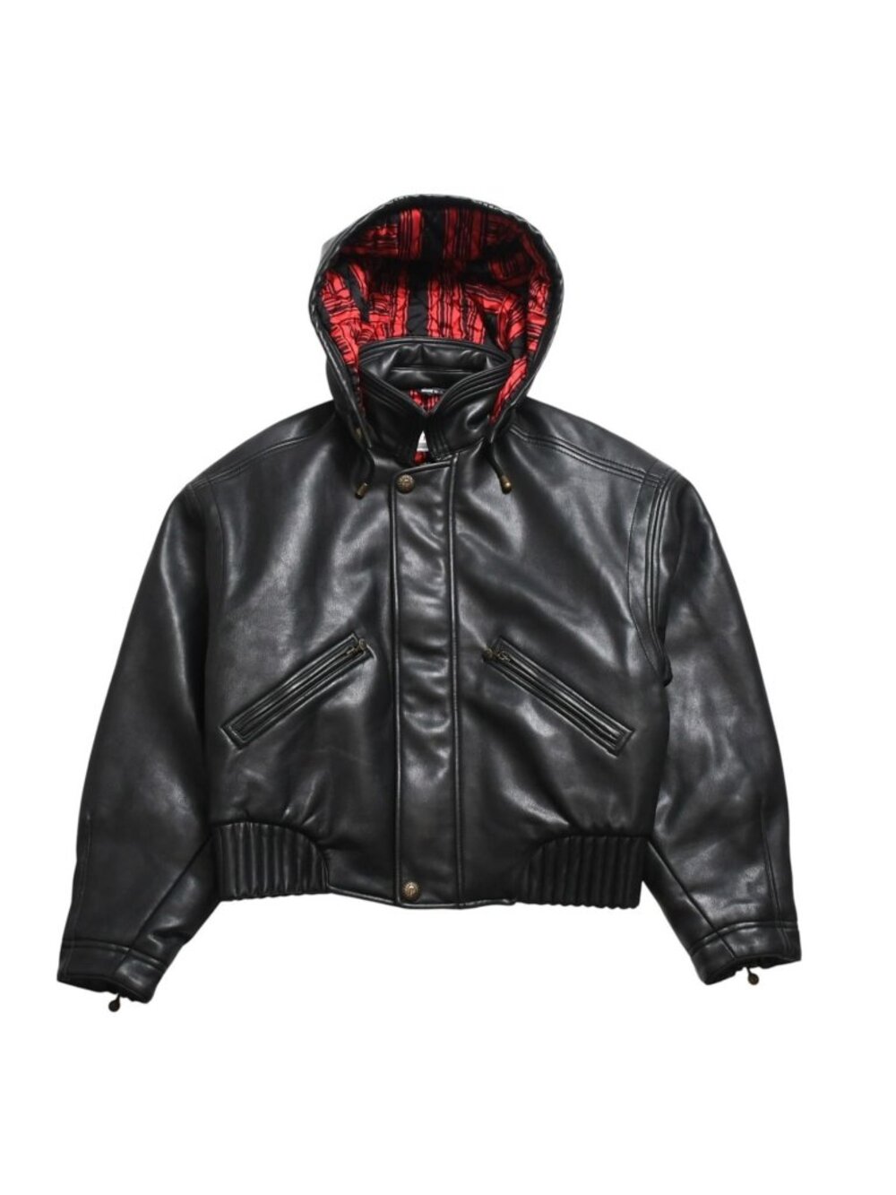 Versace Sport Faux Leather Footed Jacket Black Red Checked Stripe Pattern Gold